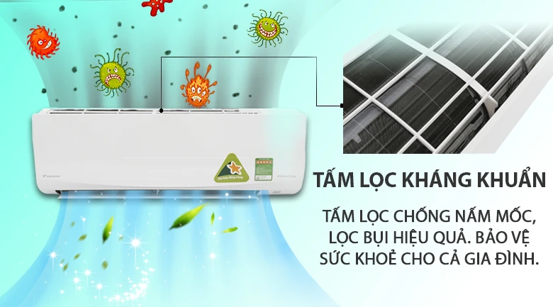 Máy lạnh Daikin FTKQ35SAVMV có tấm lọc kháng khuẩn, lọc bụi và chống nấm mốc, đảm bảo không khí trong lành cho gia đình.