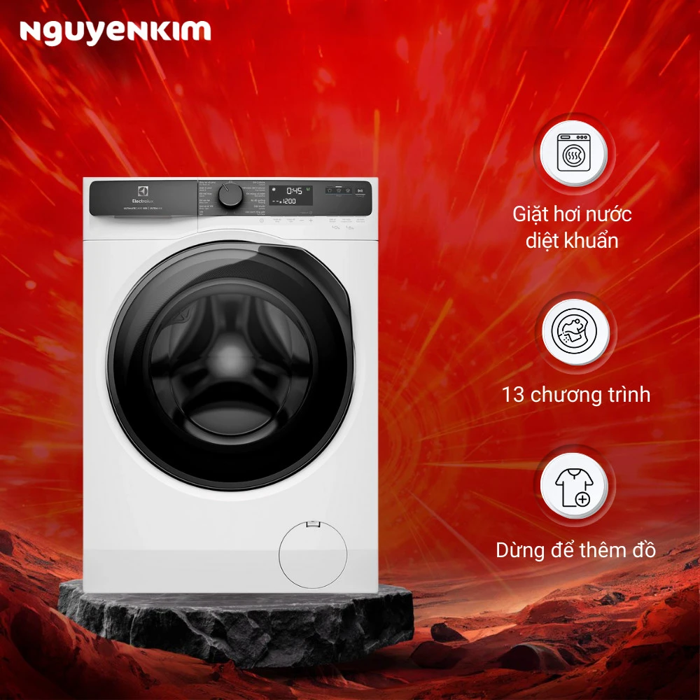 Máy giặt Electrolux EWF12025GWA màu trắng, cửa trước, có các tính năng giặt hơi nước, 13 chương trình và dừng để thêm đồ.