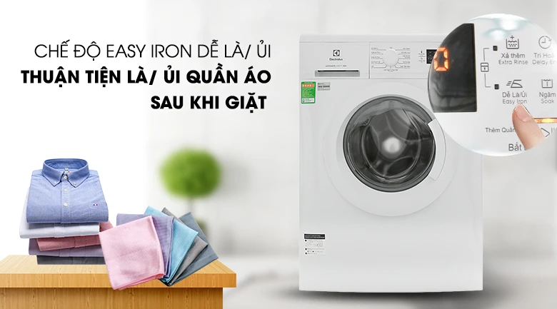 Máy giặt Electrolux EWF12025GWA có chế độ dễ là/ủ, giúp quần áo luôn phẳng mịn sau khi giặt.