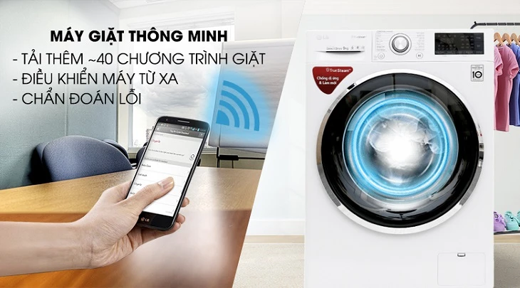 Máy giặt LG FC1409S2W màu trắng, có cửa trước, hiển thị màn hình kỹ thuật số và đèn LED xanh bên trong lồng giặt, đi kèm hình ảnh người dùng điều khiển bằng điện thoại thông minh.