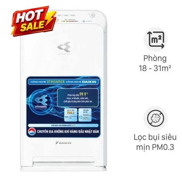 Máy lọc không khí Daikin MC70MVM6W, công nghệ Streamer, lọc bụi PM0.3, phù hợp phòng 18-31m²
