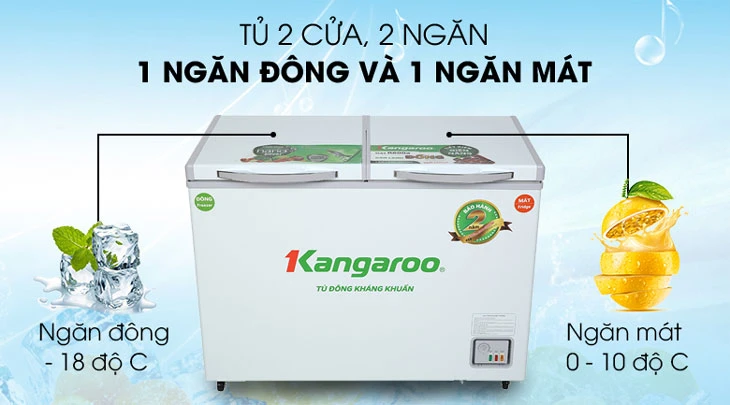 Tủ đông mini Kangaroo KG36EA1, 2 cửa, 2 ngăn đông và mát, công nghệ kháng khuẩn