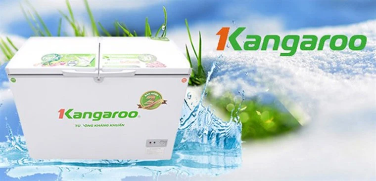 Tủ đông mini Kangaroo KG36EA1 màu trắng, hai ngăn đông, có logo thương hiệu Kangaroo trên thân máy, nền ảnh là hình nước và cỏ xanh thể hiện sự sạch sẽ và mát lạnh.
