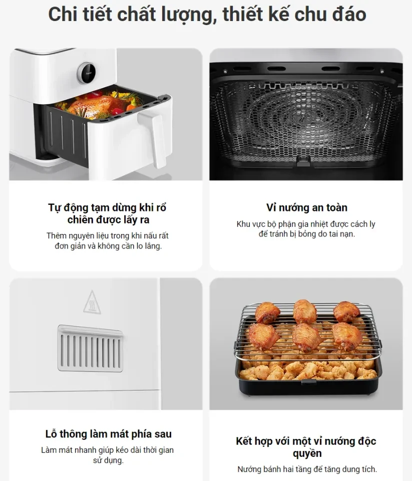 Xiaomi Mi Smart Air Fryer 3.5L với các tính năng nổi bật như tự động tạm dừng khi lấy rổ, vùng nướng an toàn, lỗ thông gió phía sau và vỉ nướng hai tầng